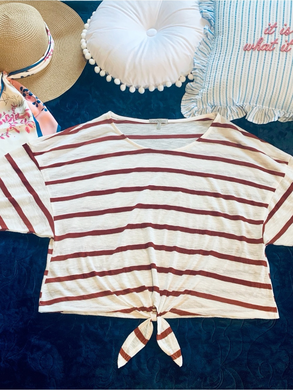 Charlotte Russe White & Rust Striped Tie-Front Crop Top, 3/4 sleeves, Like New